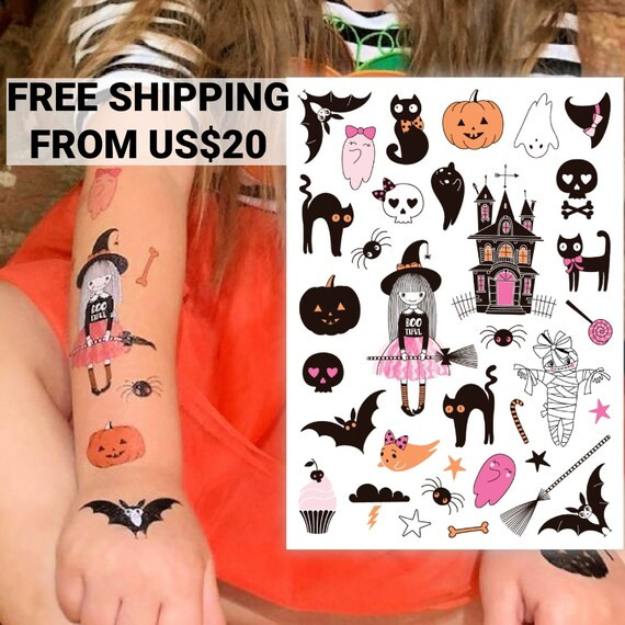 Girly Pink Halloween Creepy Cute Temporary Tattoo Transfers. | Etsy | Etsy (US)