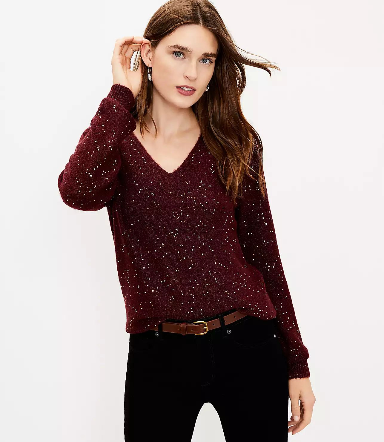 Sequin V-Neck Sweater | LOFT
