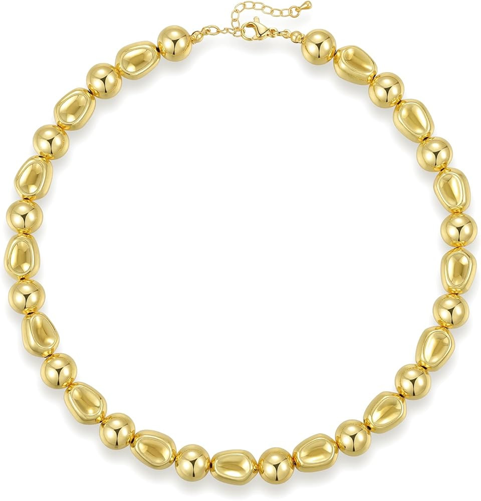 KissYan Gold Beaded Necklace for Women, 14K Gold Plated Chunky Big Ball Beads Chain Choker Neckla... | Amazon (US)