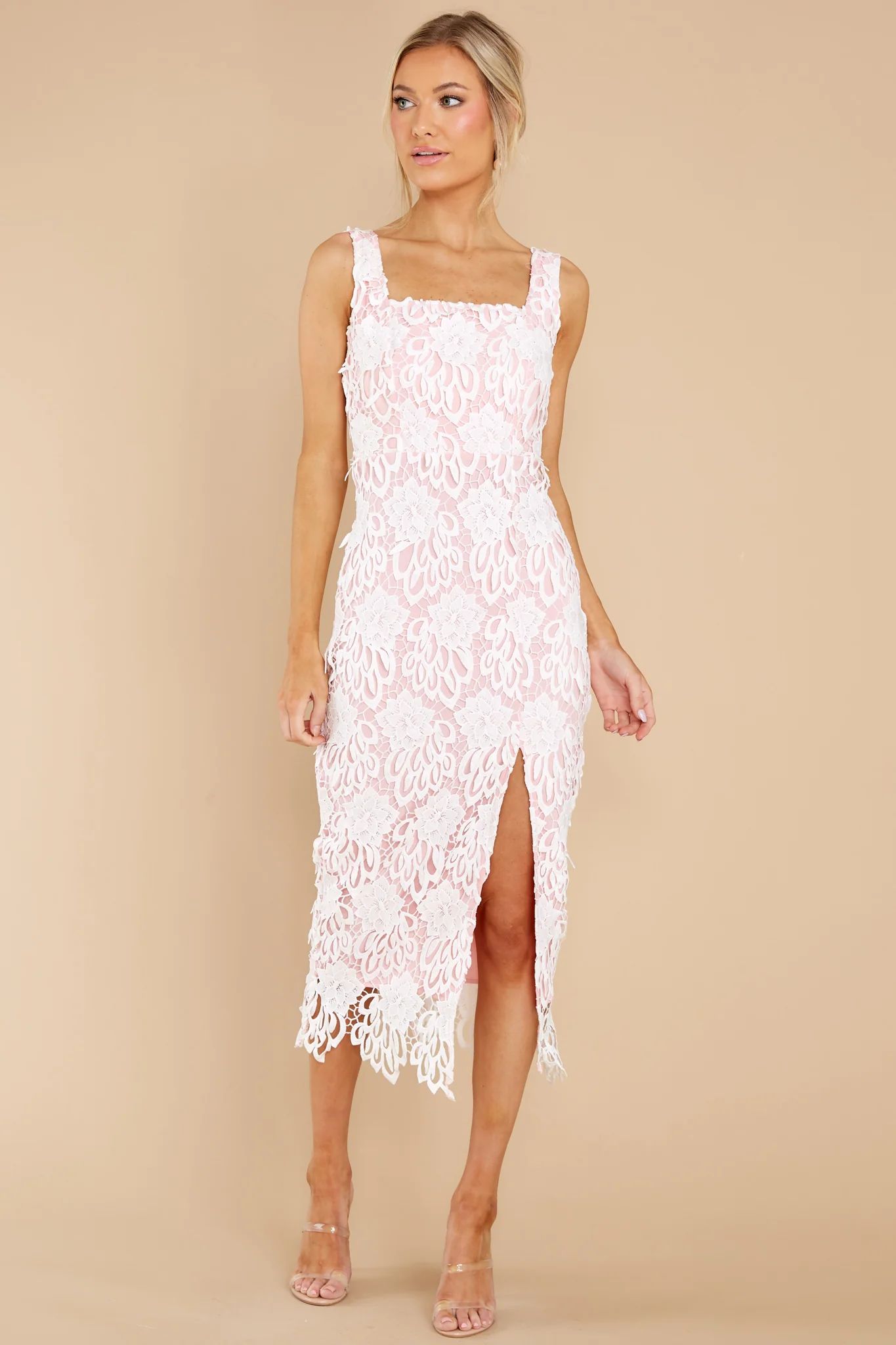Own The Room Pink Lace Midi Dress | Red Dress 