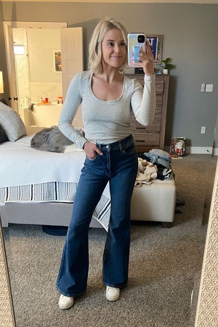 Wear 26 short in the flare jeans (I’m 5’2”) // love this scoop neck long sleeve too and these tennies are so versatile! 

#LTKfindsunder50 #LTKshoecrush #LTKstyletip