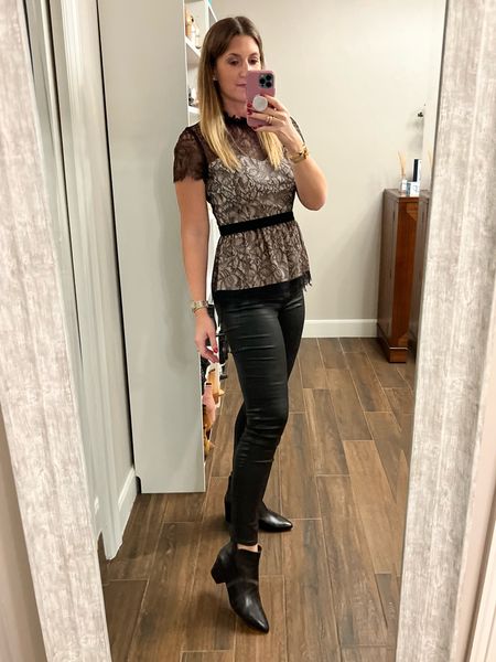 These coated jeans coke in skinny and boot cut in several colors and are perfect for evening this holiday season!

My boots are half off plus an additional 20% off now! Love the cutouts on the side. Great style for day or night. 

Jeans run TTS. Wearing a size 6.
Boots run TTS. 

#LTKshoecrush #LTKfindsunder100 #LTKsalealert