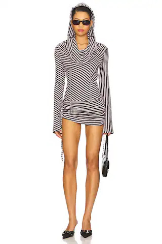 Jaded London Sporty Stripe Hooded Draped Mini Dress in Black and White Stripe from Revolve.com | Revolve Clothing (Global)