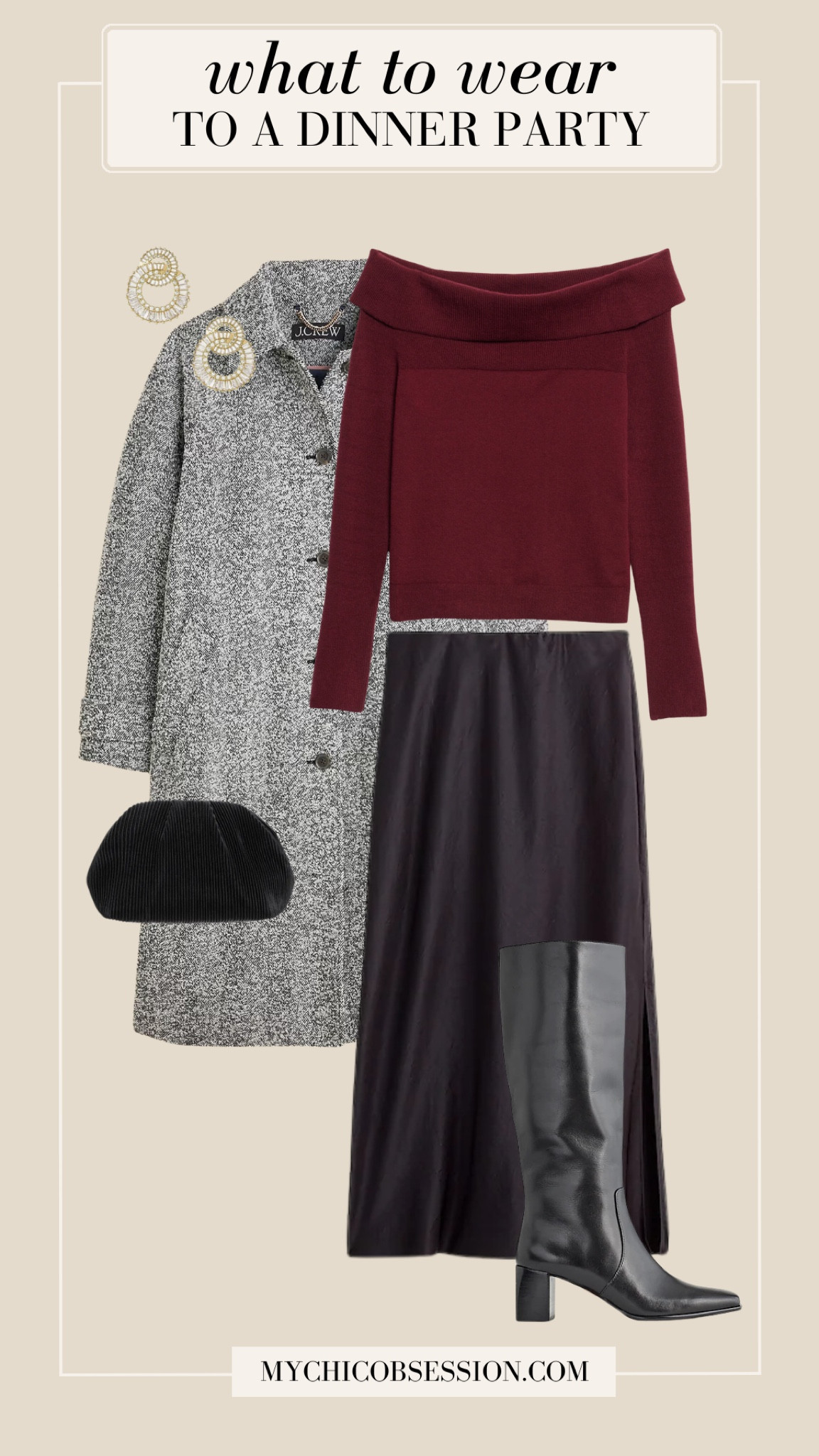 Need a look for your office holiday party? Pair an off-the-shoulder sweater with a satin midi skirt, a wool coat, tall black boots, statement earrings and a black clutch.

#LTKSeasonal #LTKHoliday #LTKStyleTip