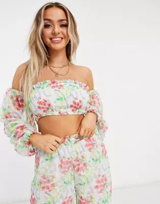 ASOS DESIGN shirred off shoulder beach top two-piece in floral dobby | ASOS | ASOS (Global)