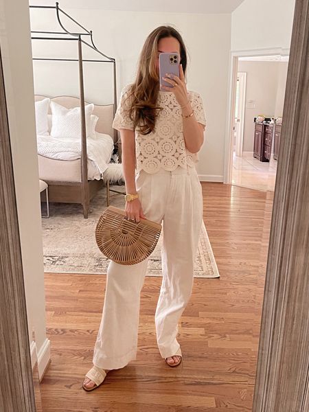 Easy summer outfit with this crochet top and linen pants. Both run true to size (wearing S in both) and are 15% off with an extra 15% off with code DRESSFEST  

All white outfit, summer outfit, vacation outfit, Ark bag, Knox sandals  

#LTKsalealert #LTKSeasonal #LTKFind