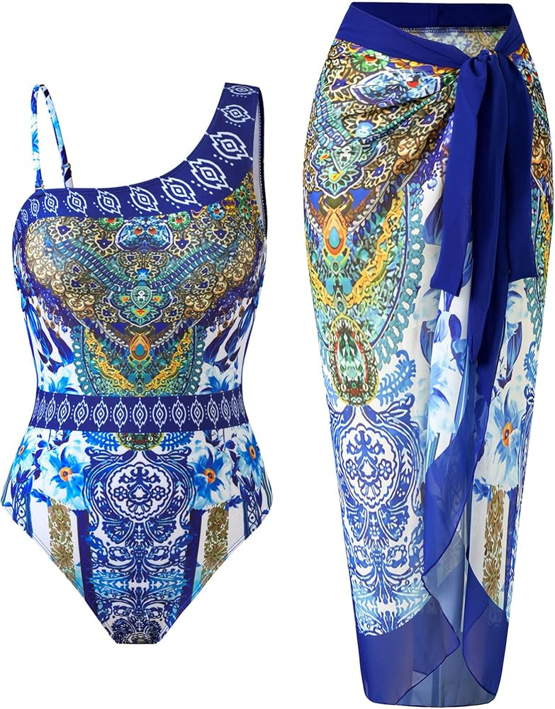 Women\u2019s One Piece Swimsuit with Cover Up Set, One Shoulder Two Piece Bathing Suits with Wrap... | Amazon (US)