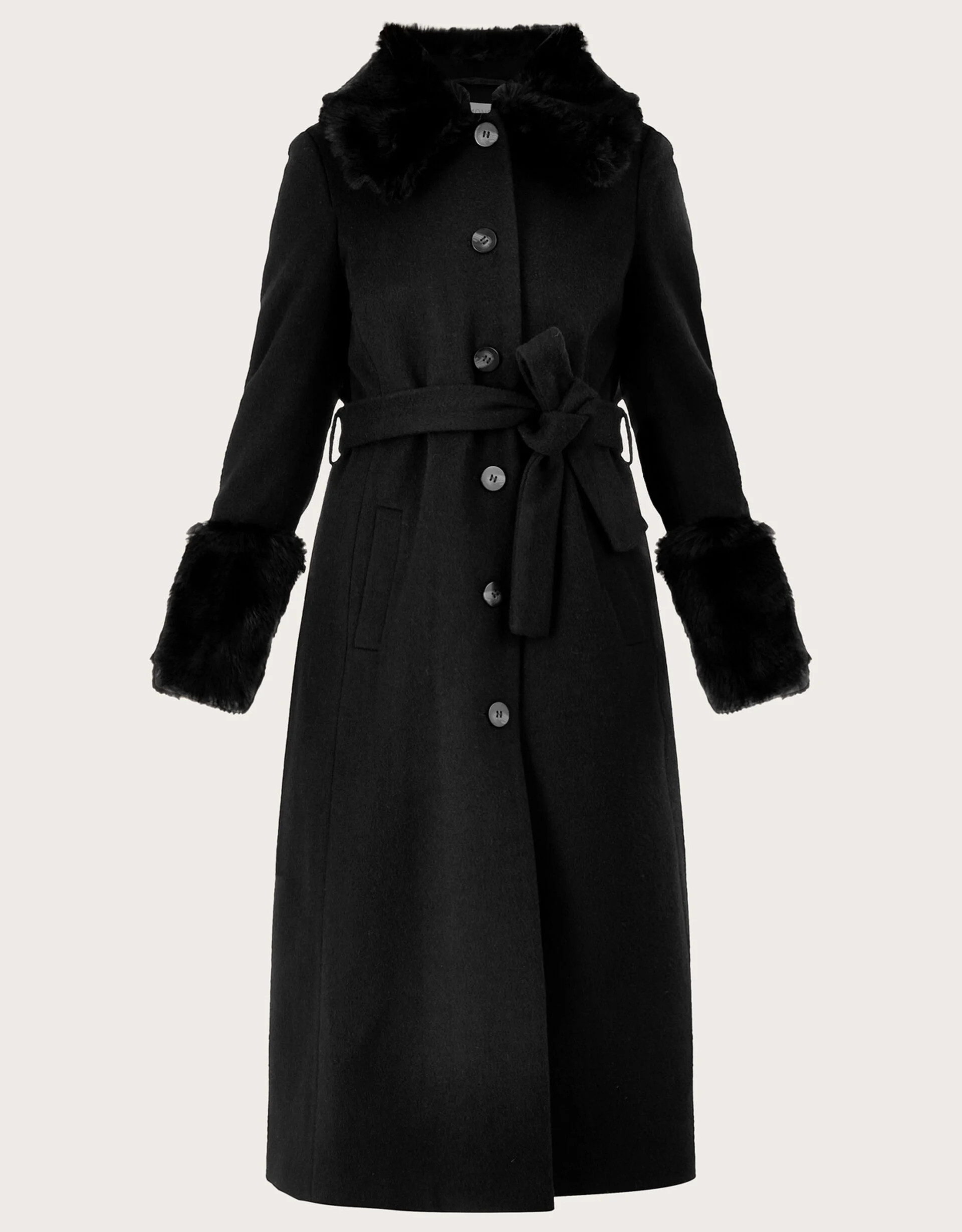 Felicity Faux Fur Trim Belted Wool Blend Coat Black | Monsoon (UK)