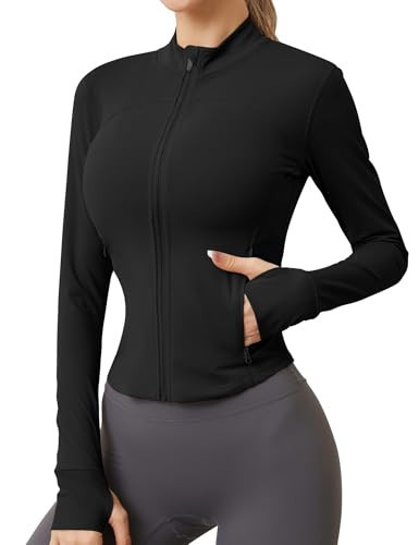 AKEWEI Workout Jackets for Women with Pockets Cropped Athletic Jacket Zip Up Long Sleeve Track Jacket Women Black XS | Amazon (US)