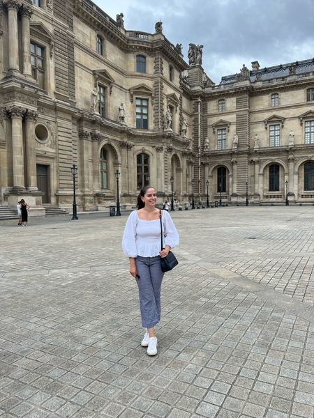Gingham pants, gingham, fall transition outfit, fall outfit, what to wear in Paris, casual fall outfit, white smocked top, white puff sleeves, white leather sneakers, white tennis shoes, paris

#LTKeurope #LTKtravel #LTKSeasonal