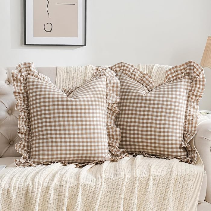 2 Pack Taupe/Brown Plaid Ruffle Throw Pillow Covers Farmhouse Checkered Chic Washed Cotton Pillow... | Amazon (US)