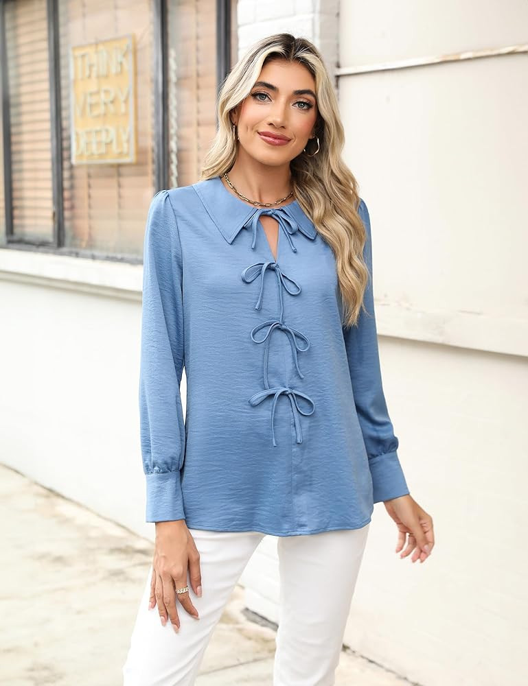 Blooming Jelly Women's Dressy Casual Blouses Business Work Tops Tie Front Long Sleeve Shirts 2024... | Amazon (US)