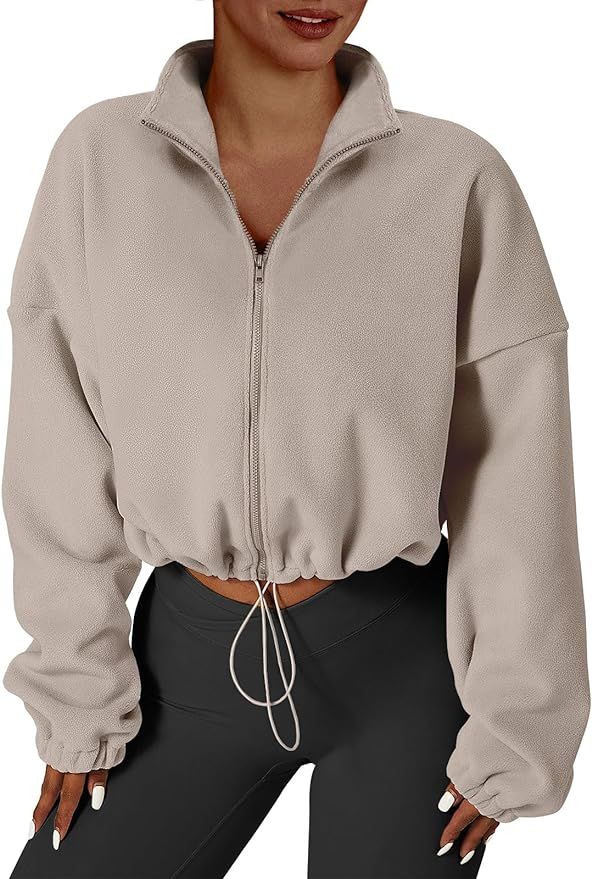 ANRABESS Women's Full Zip Sweatshirt Oversized Fleece Crop Jacket Long Sleeve Workout Sherpa 2023... | Amazon (US)