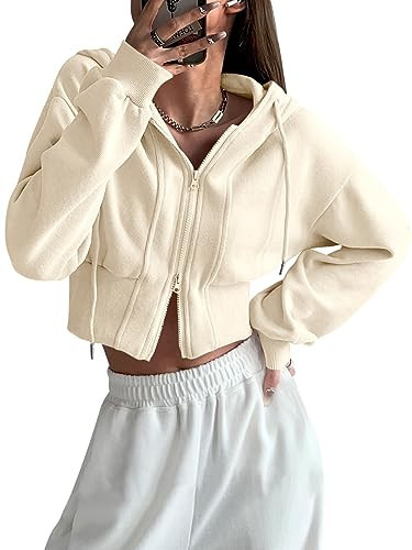 Fisoew Women's Casual Zip Up Crop Hoodies Workout Drawstring Long Sleeve Sweatshirts Beige | Amazon (US)