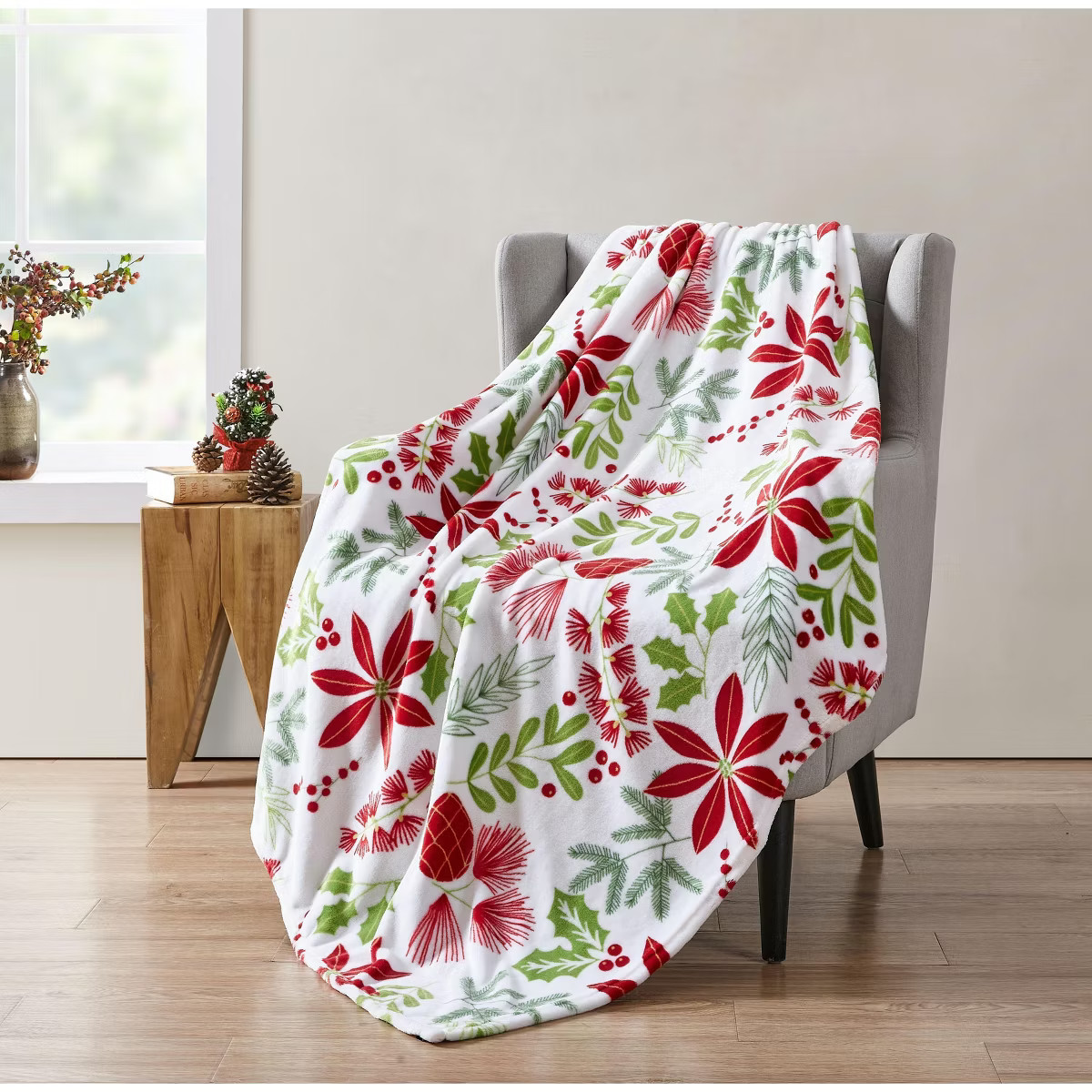 Kate Aurora Holiday Living Christmas Floral Poinsettia & Ferns Ultra Soft & Plush Throw Blanket | Target