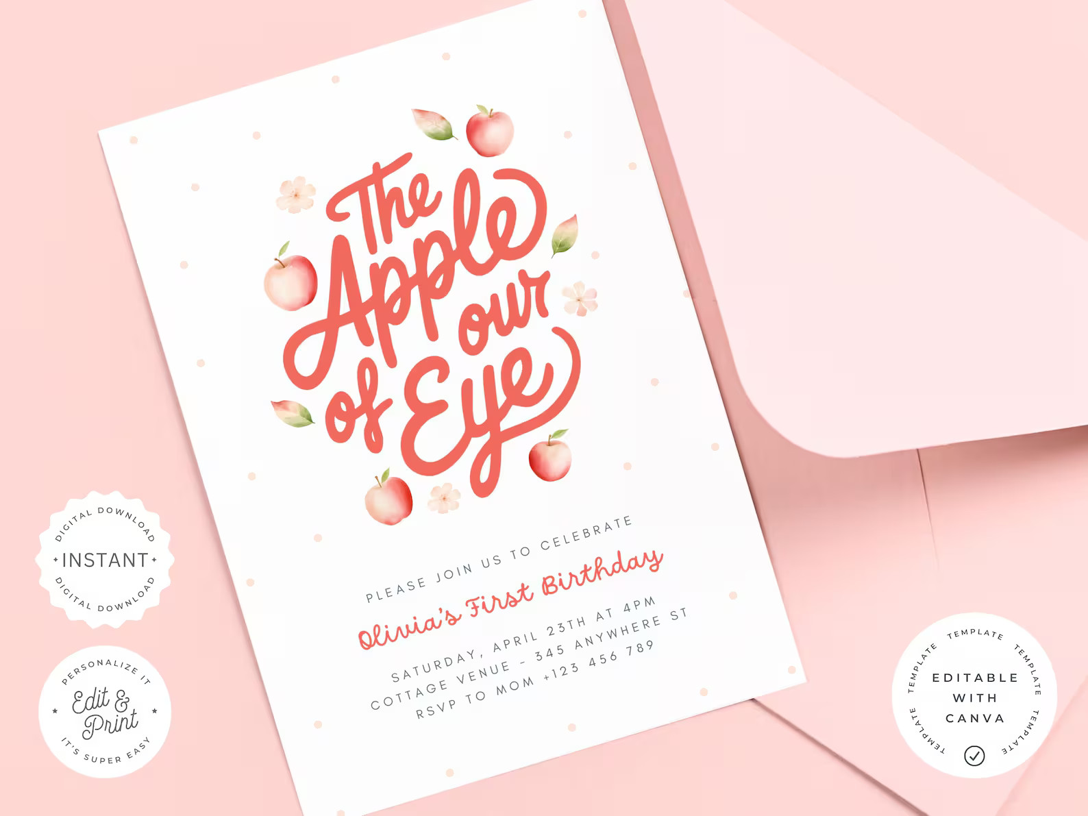 EDITABLE Apple of Our Eye Birthday Invitation, Girls First Birthday Digital Template, Apple of Ou... | Etsy (US)