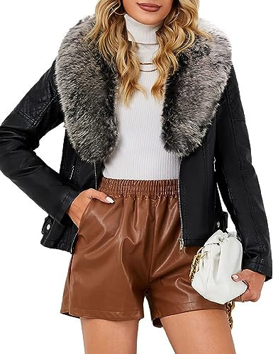 Bellivera Women's Faux Leather Jacket Moto Sherpa-Lined Coat with Removable Fur Collar 9201 Blackgray M | Amazon (US)