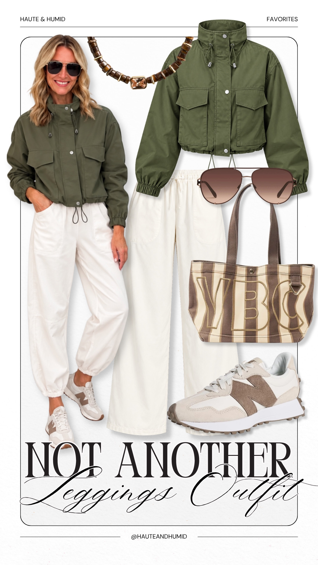 Not another leggings outfit! I love these cream wide leg pants paired with an olive green utility jacket for a comfortable fall look that still feels put together. The cropped jacket has oversized pockets and an adjustable drawstring hem, while the neutral New Balance sneakers and plaid tote give the outfit a sporty, casual feel. Perfect for running errands, school pickup, or a busy weekend.
olive green utility jacket, cropped utility jacket, cream wide leg pants, white pants outfit, casual fall outfit, New Balance sneakers, fall sneakers, sporty casual outfit, outfits instead of leggings, comfortable fall outfits, women over 40 fashion, everyday fall style, HauteandHumid