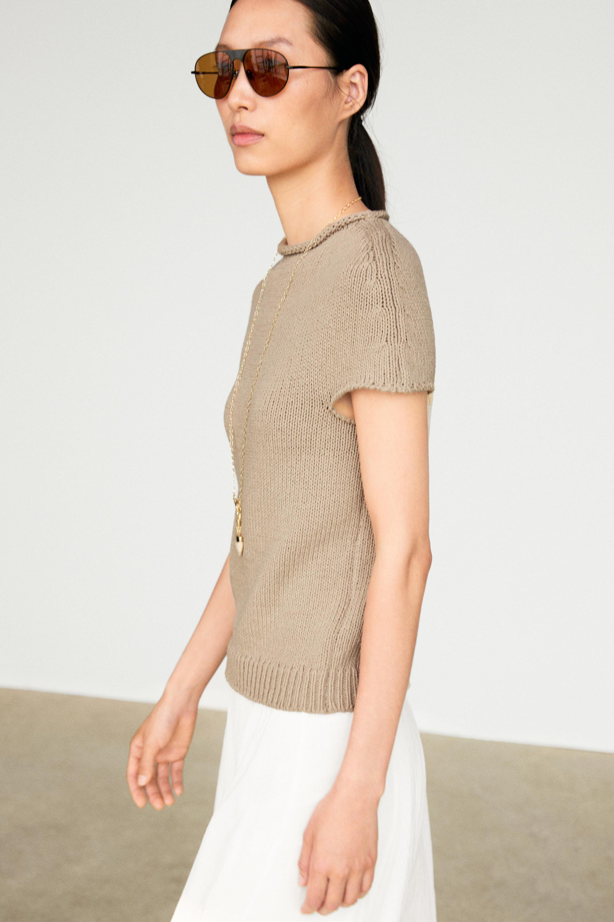 Cotton blend short sleeve rolled-neck sweater | Massimo Dutti US