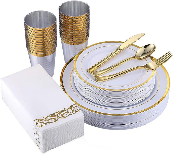 175 Piece Gold Dinnerware Set 25 Guest-50 Gold Rim Plastic Plates-25 Gold Plastic Silverware-25 Gold | Amazon (US)