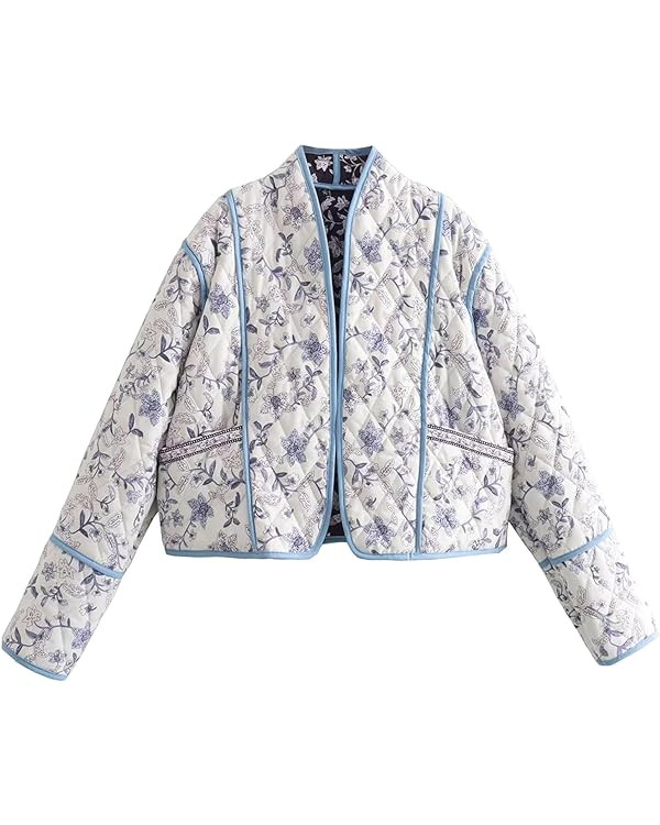 Women's Cropped Puffer Quilted Jacket Cardigan Floral Printed Lightweight Long Sleeve Open Front ... | Amazon (US)
