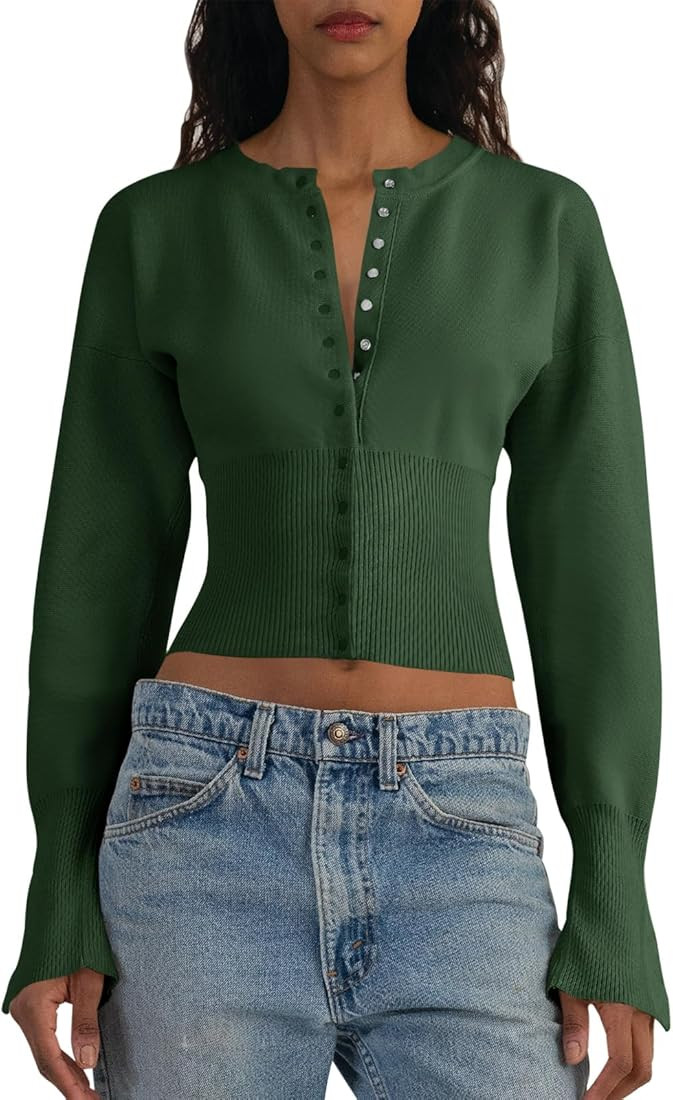 Saodimallsu Womens Cropped Sweaters Button Down Long Sleeve V Neck Ribbed Knit Slim Fit Pullover ... | Amazon (US)