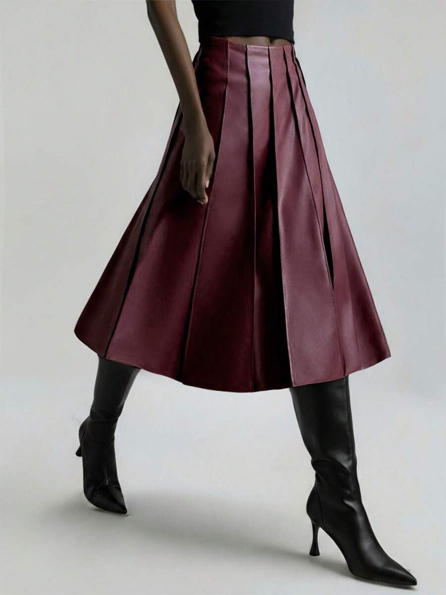 Ontre 2025 New Autumn/Winter Party New Year Skirt, Women's Pleated PU Leather Skirt, Wine Red, Su... | SHEIN