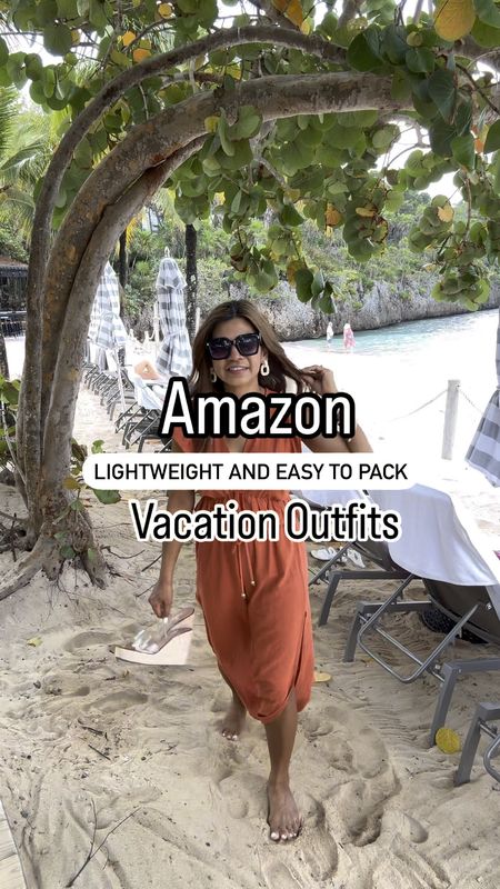 Vacation Outfits that are lightweight and easy to pack. Resort Wear outfits also perfect for cruises, destination weddings etc. 
First: 2-piece set in XS, color is Brownish Red(tbh looks more toned down orange in person and very pretty). I also have this in black. One of my favs.
2nd: in small, color is A Yellow Floral, has pockets, wearing pasties and linked it.
3rd: in small, color is Greygreen, has pockets, wearing pasties and linked it too. 
Didn’t realize that the ties are supposed to cross-cross at the neckline but this style works too😁. 
Sandals fit tts. I also linked flats that would work well with these outfits if you need to do some walking like we did on the beach😀.
Linked my fav vacation accessories: beach hat, sunnies, jewelries, etc. 
Amazon find, resort wear, vacation outfits, dress, beach vacation, tropical vacation, resort style, vacation style 

#LTKfindsunder50 #LTKtravel #LTKover40