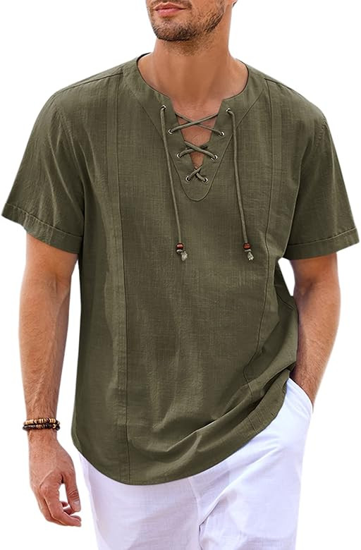 Pengfei Mens Cotton Linen Shirts Lace Up V Neck Casual Beach Hippie Tee Drawstring Shirts | Amazon (US)