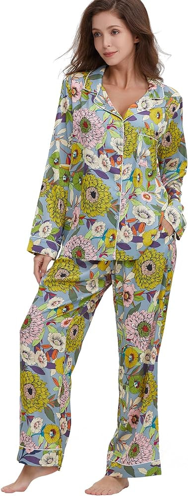 Womens Silk Satin Pajamas Set Button Down 2 Piece Pjs Long Sleeve Oversized Sleepwear with Pocket... | Amazon (US)