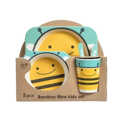 5Pcs/Set Bamboo Kids Dinnerware Set - Children Dishes - BPA Free Food Plate Bowl Cup Spoon Fork Set Dishware, Cartoon Tableware - Bee | Walmart (US)