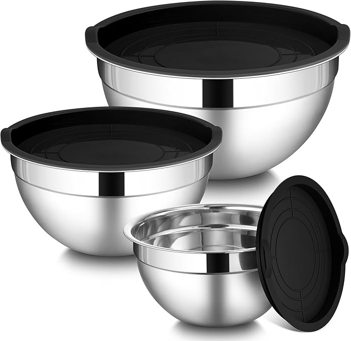 LIANYU Mixing Bowls with Lids Set of 3, Large & Small Stainless Steel Nesting Metal Bowls for Kit... | Amazon (US)