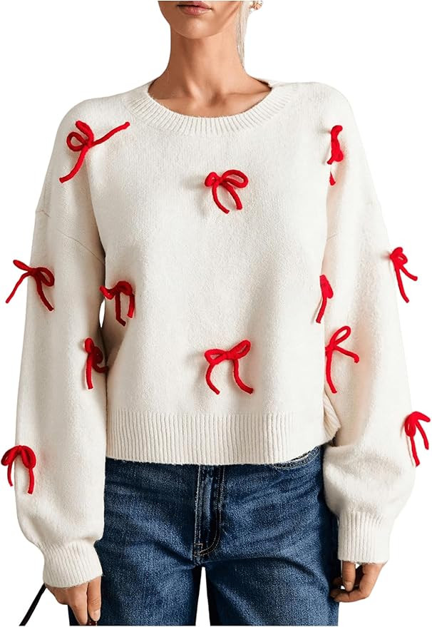 Women's Bow Decor Drop Shoulder Crop Sweaters Long Sleeve Crew Neck Sweater Pullover | Amazon (US)
