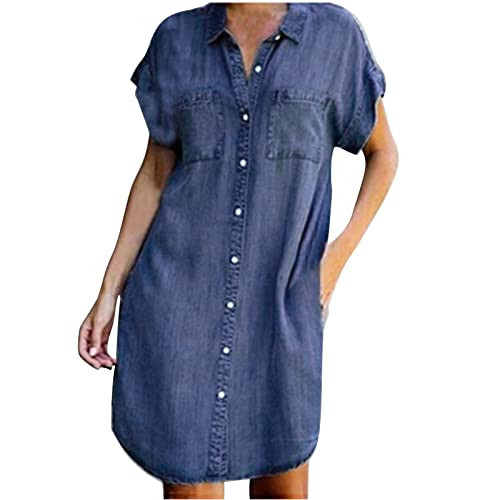 NaRHbrg Summer Denim Shirt Dresses for Womens Short Sleeve Loose Jean Midi Dress Button Down Casual Shift Dress Tunic Top Dark Blue | Amazon (US)