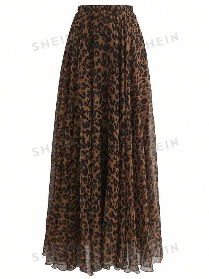 SHEIN LUNE Plus Size Summer Fashion Leopard Printed Elastic Waist Chiffon Skirt | SHEIN