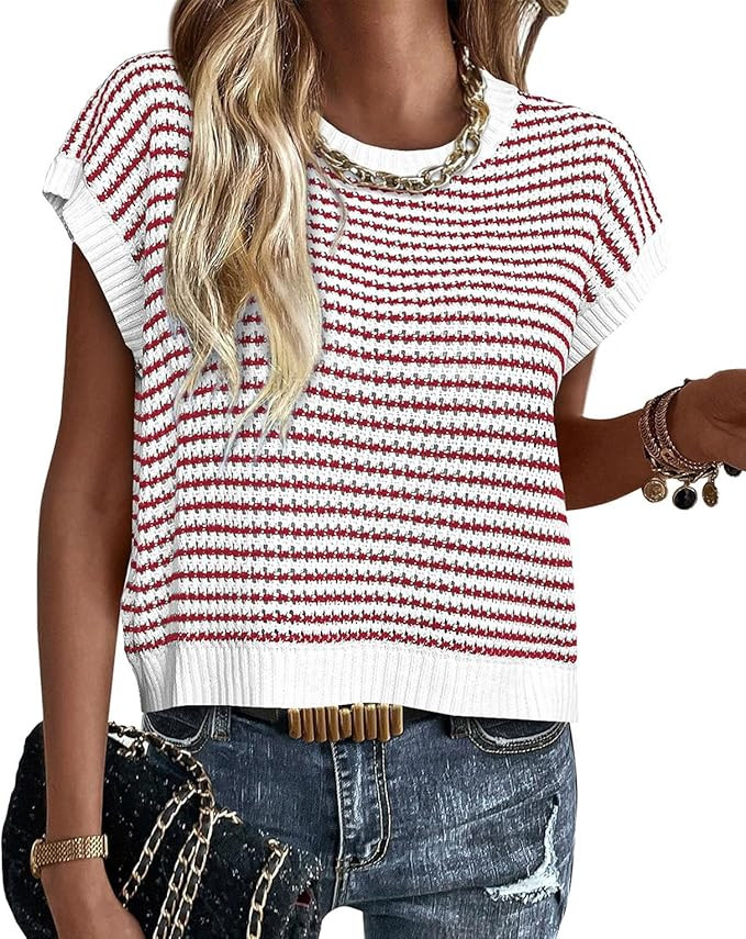 ATHMILE Womens Short Sleeve Sweater Spring Summer Striped Teacher Round Neck Pullover Cap Sleeve ... | Amazon (US)