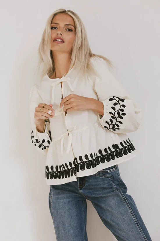 Stariana Embroidered Tie Blouse in Cream | Böhme US