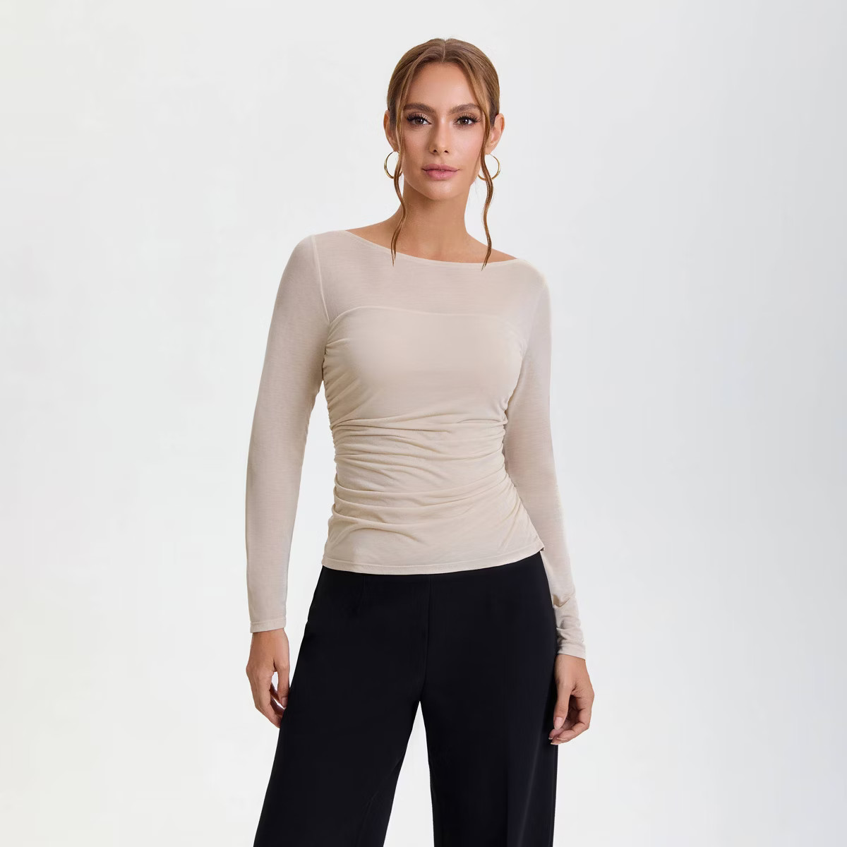 Women's Long Sleeve Ruched Blouse - A New Day™ Beige | Target