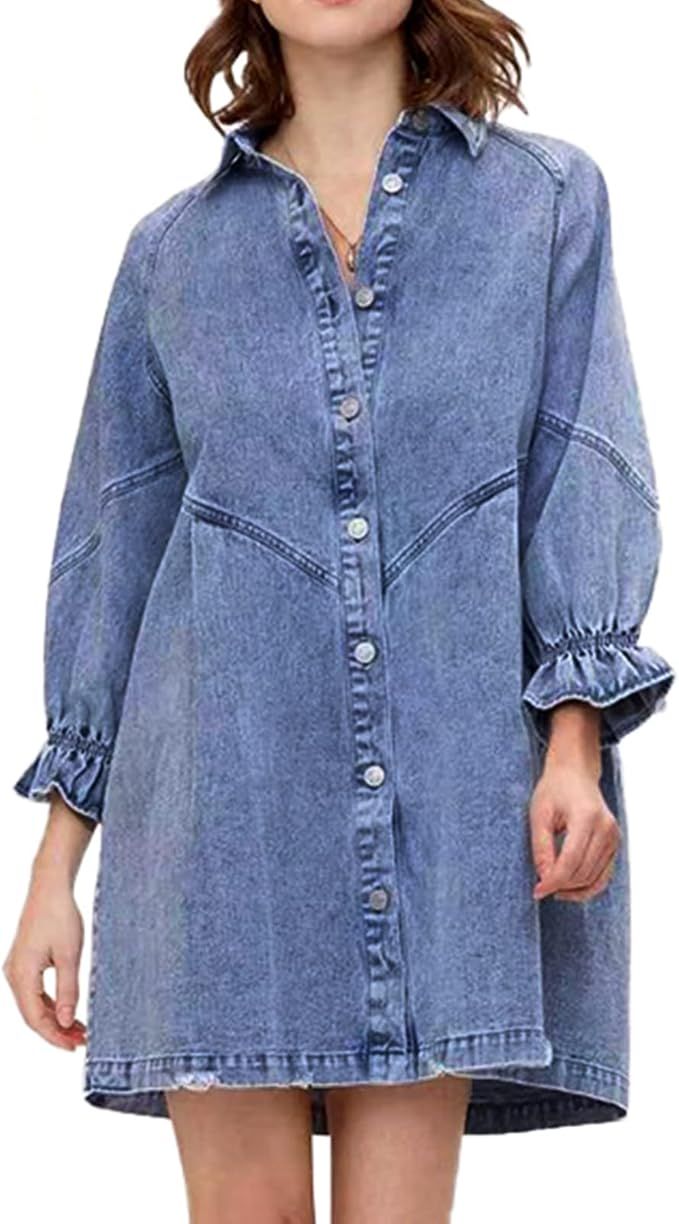 ALSOGO Women Denim Shirt Dress 3/4 Long Sleeves Casual Button Down Babydoll Flowy Jean Dresses | Amazon (US)