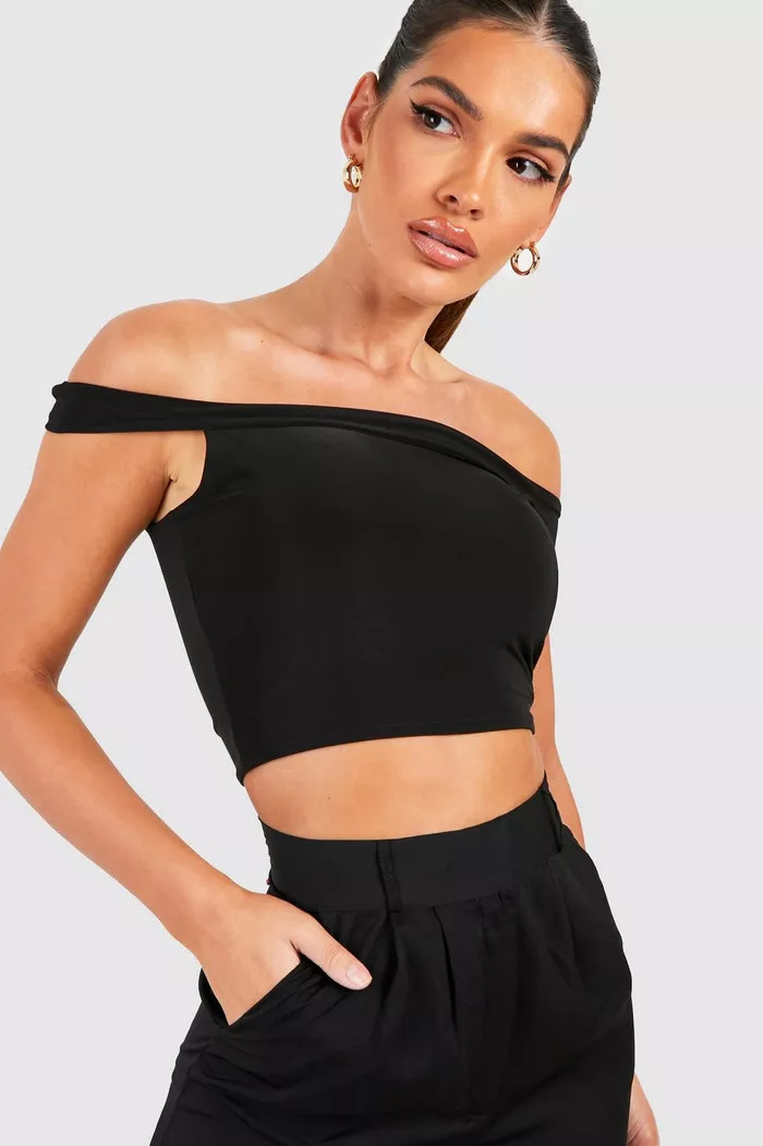 Black Double Layer Bardot Crop Top | Boohoo.com (UK & IE)