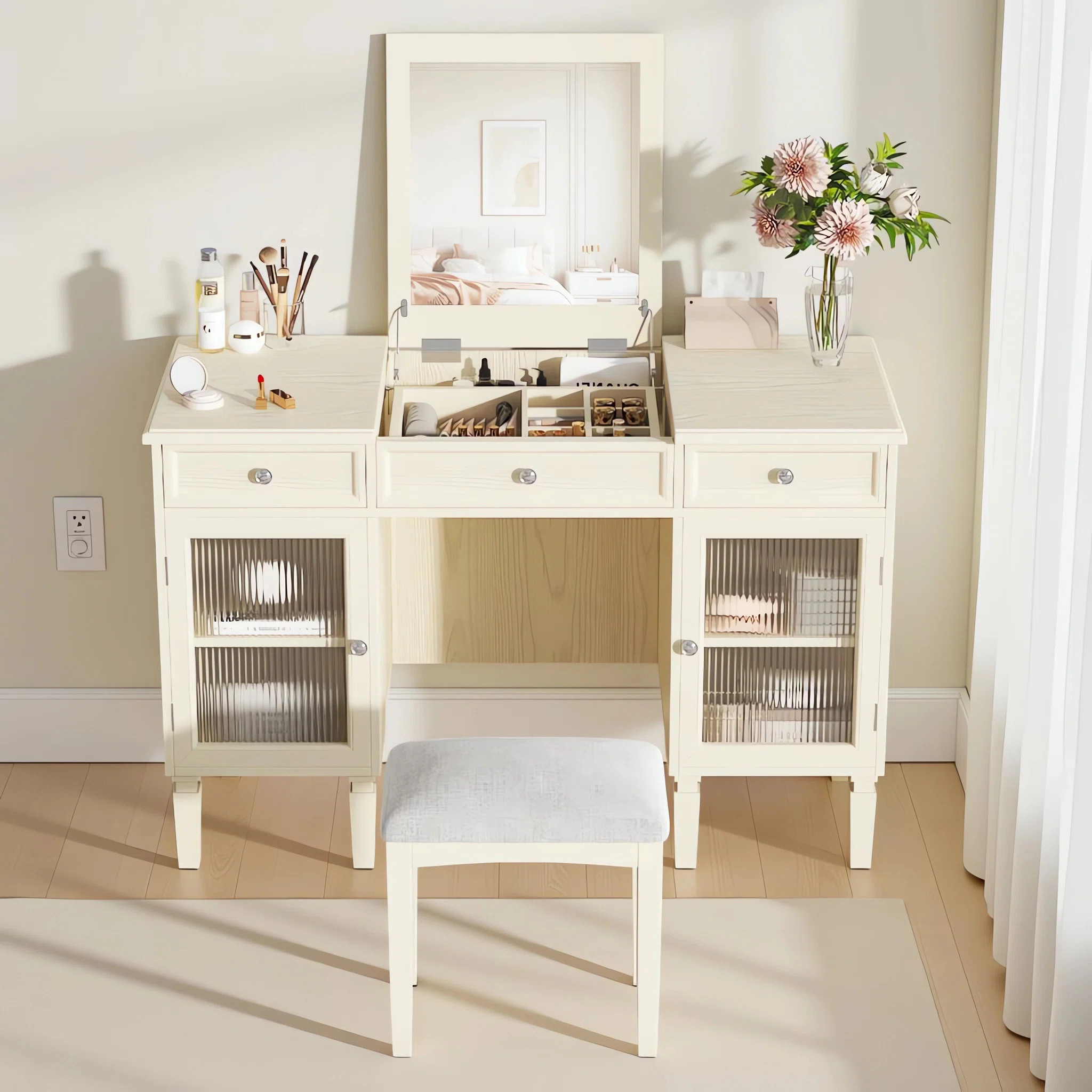 29.8"H White Oak Makeup Vanity Set With Upholstered Stool & Vanity Desk, Dressing Table  With Fli... | Wayfair North America