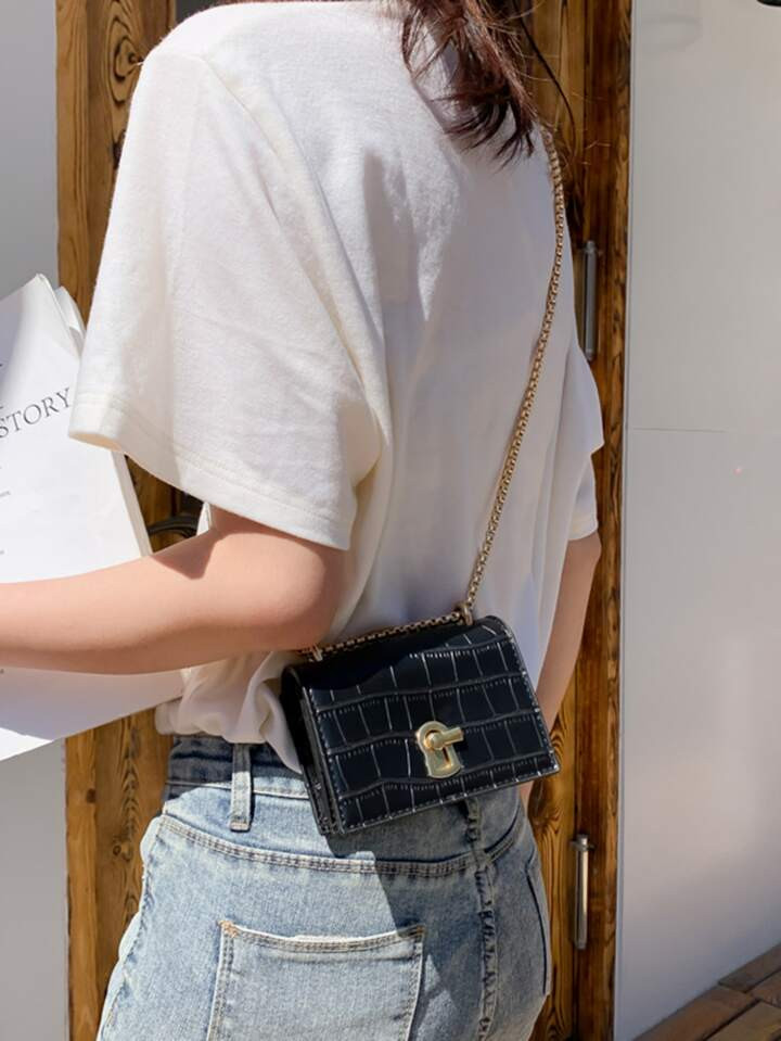 Mini Crocodile Embossed Turn-lock Square Bag | SHEIN