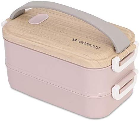 Lunch Bento Box Wood Grain Style Food Storage 2 Stackable Square Containers (Pink with Stainless ... | Amazon (US)