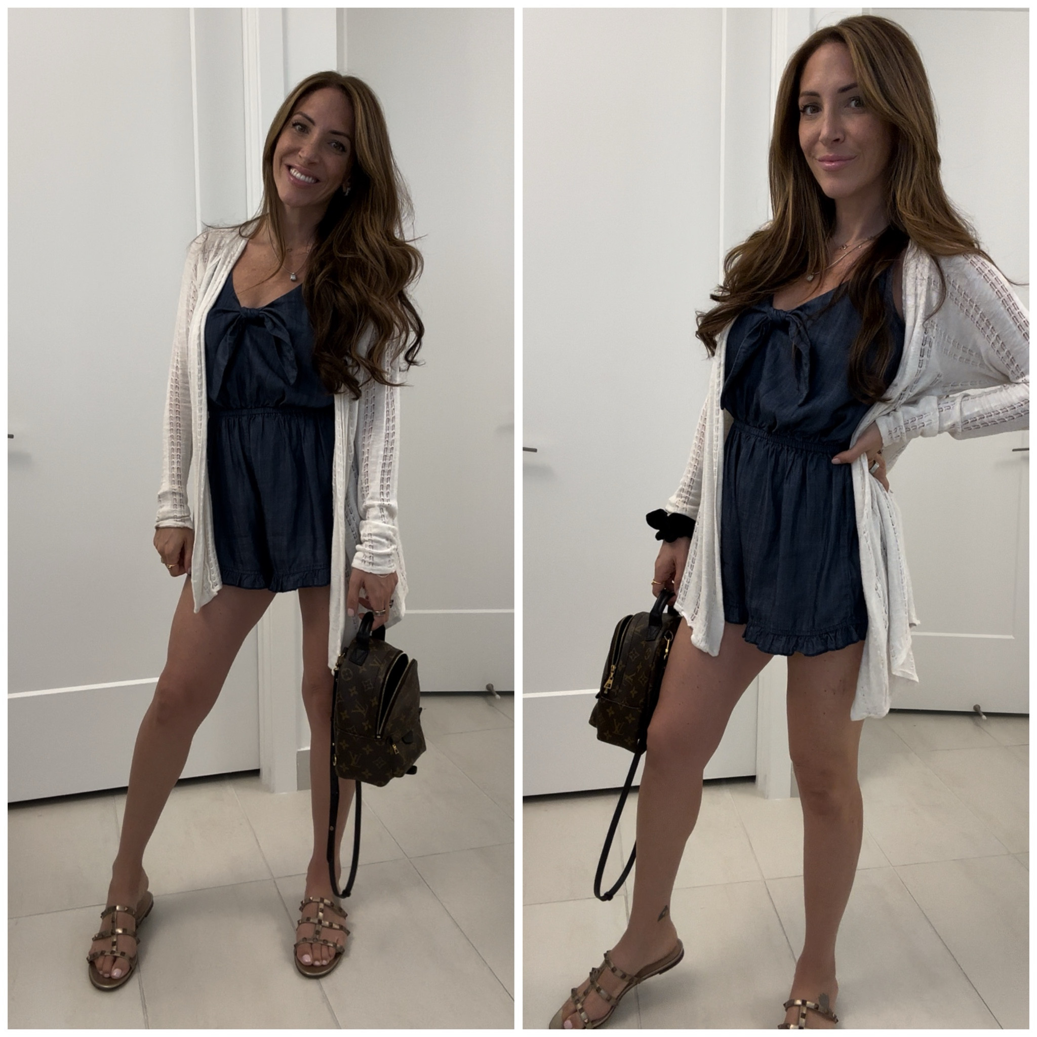 I had this romper still from whenever the last time denim everything was in. Cute combo with a long white sweater. Linking a whole bunch of comparable looks  

Denim romper, white sweater, LV Palm Springs mini, Valentino rockstud leather slides 

#LTKSeasonal #LTKShoeCrush #LTKStyleTip