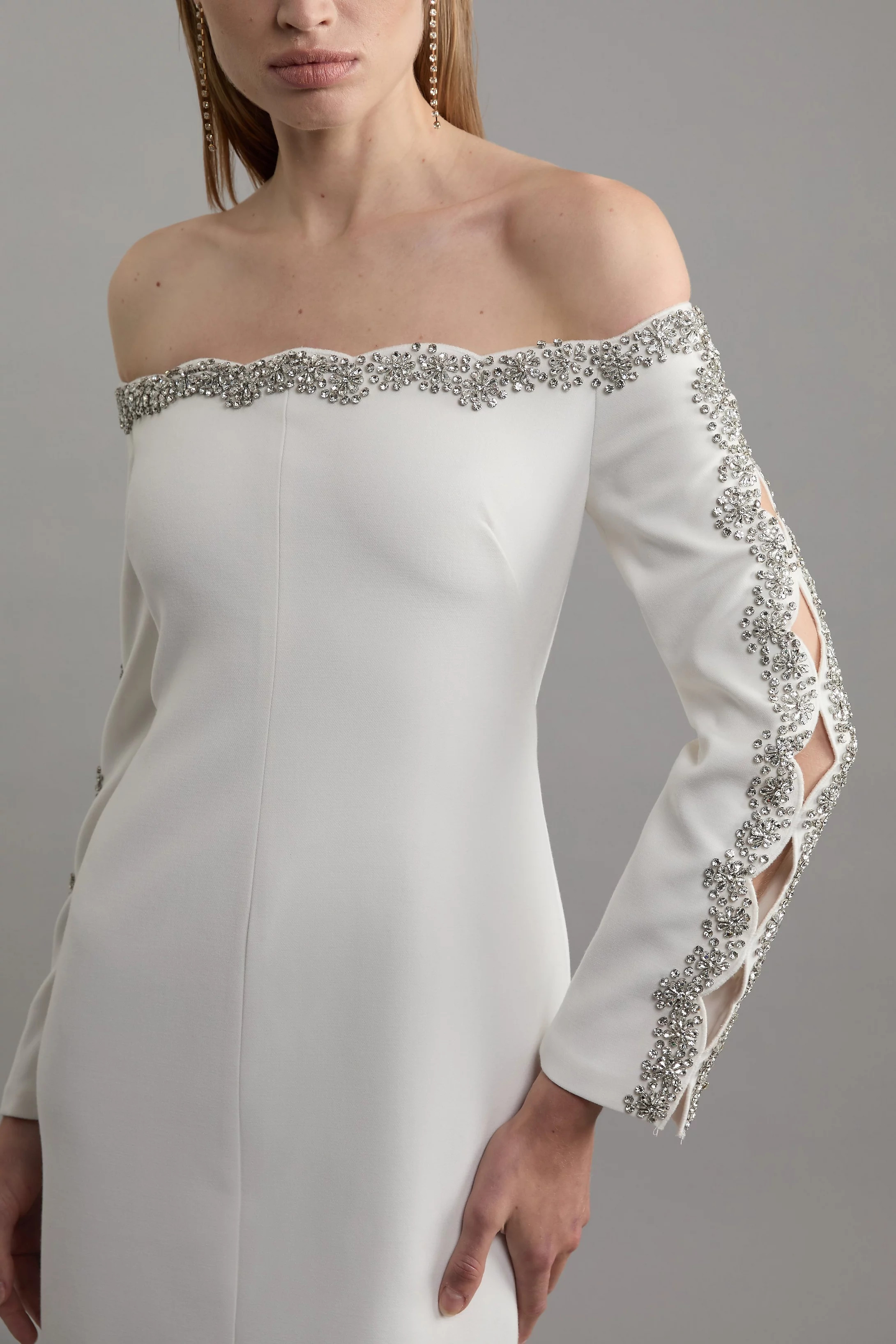 Crystal Embellished Scalloped Bardot Tailored Midaxi Dress | Karen Millen UK + IE + DE + NL