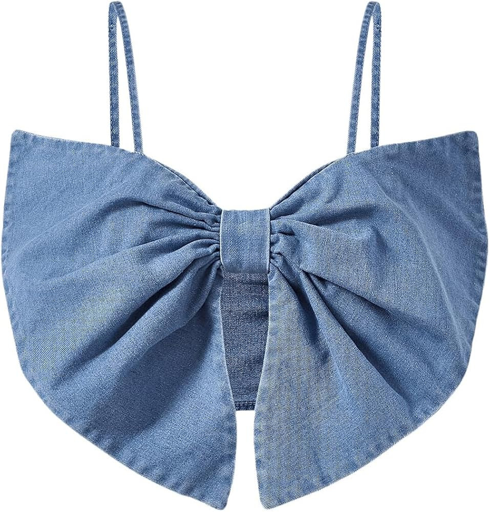 MakeMeChic Women's Denim Top Bow Front Sleeveless Spaghetti Strap Ruched Backless Crop Top Y2k Ca... | Amazon (US)
