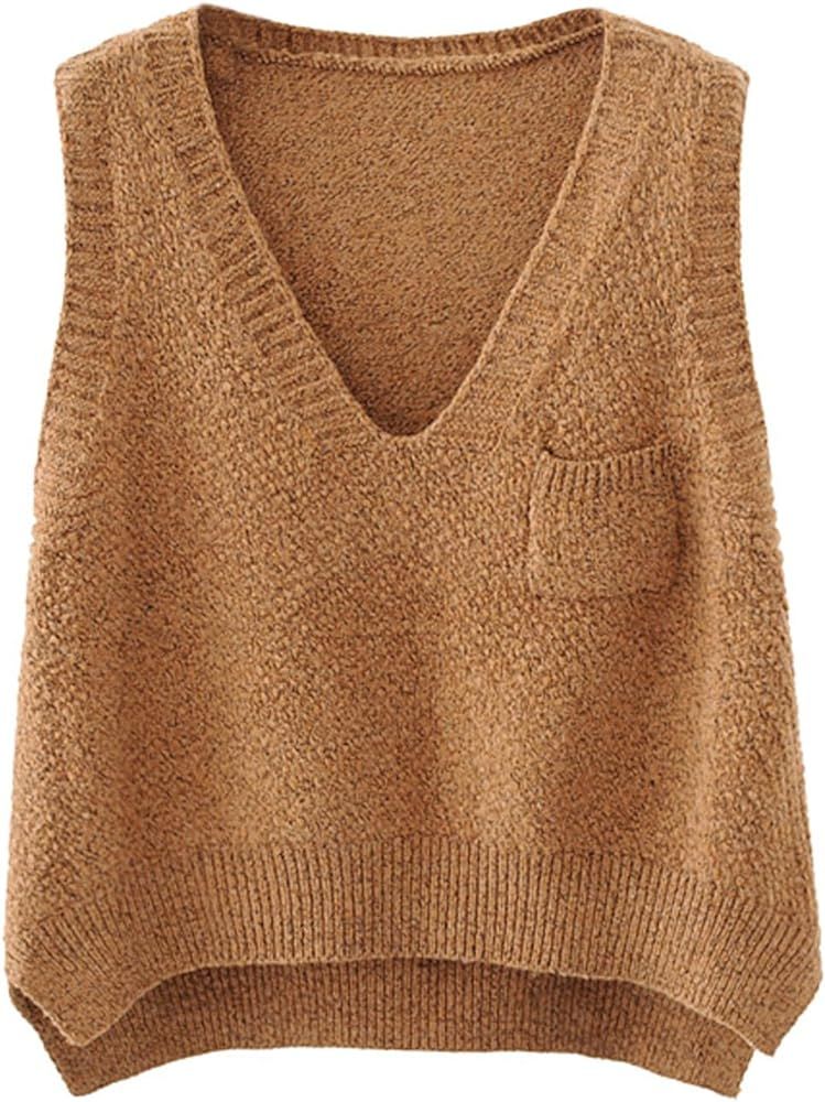 futurino Women's Boxy Solid Color Low V Neck Marled Knitted Sweater Vest Tops | Amazon (US)