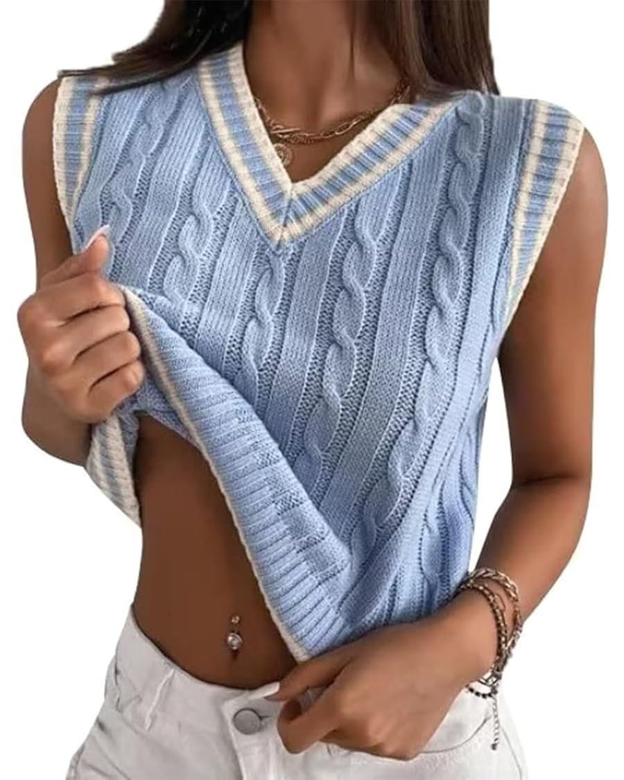 RefindWin Womens V Neck Sweater Vest School Uniform Vest Striped Cable Knit Sleeveless Sweater To... | Amazon (US)