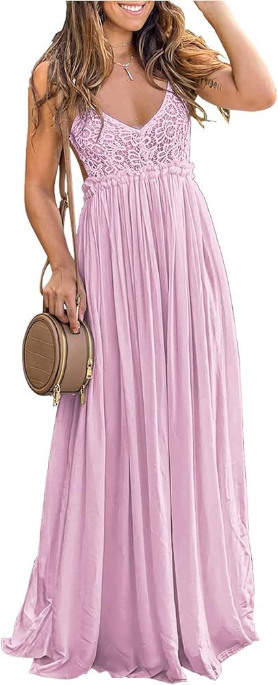 Ladmous Women's V Neck Floral Lace Wedding Dress Sleeveless Bridesmaid Evening Party Maxi Dress | Amazon (US)