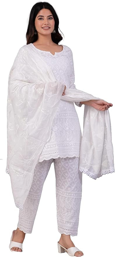 Indian Chikan Kurtis for Women Pakistani Salwar Kameez Suit Set Indian Dresses Chikankari White K... | Amazon (US)
